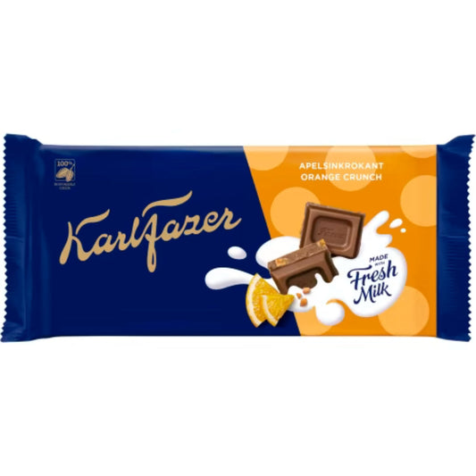 Karl Fazer Apelsinkrokant Chokladkaka - Milk Chocolate with Orange Crisp bar 145g