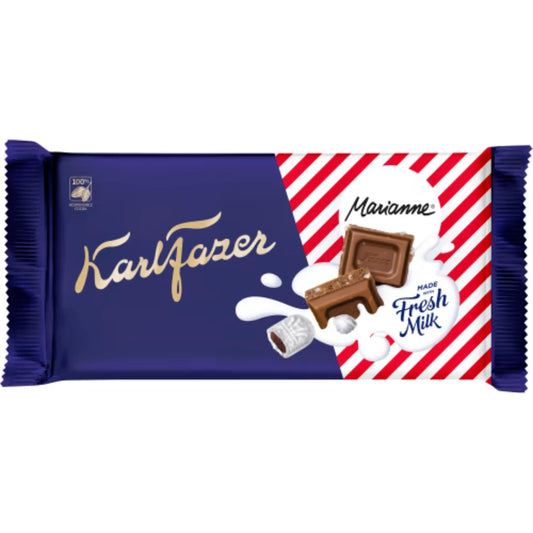 Karl Fazer Marianne Chokladkaka - Milk Chocolate bar with crushed Marianne pieces 145g