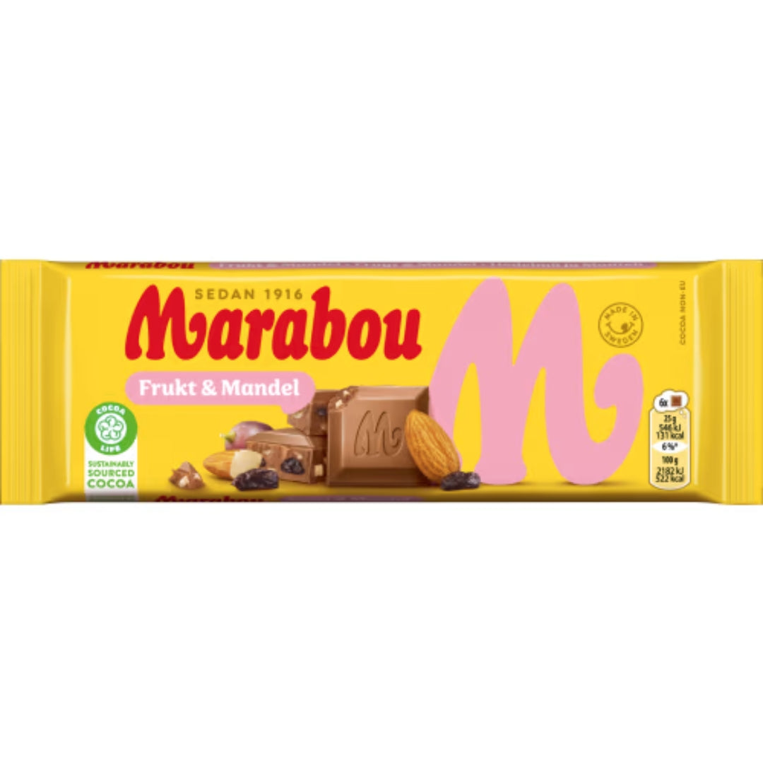 Marabou Frukt & Mandel Chokladkaka - Milk Chocolate bar with Raisins and Chopped Almonds 90g
