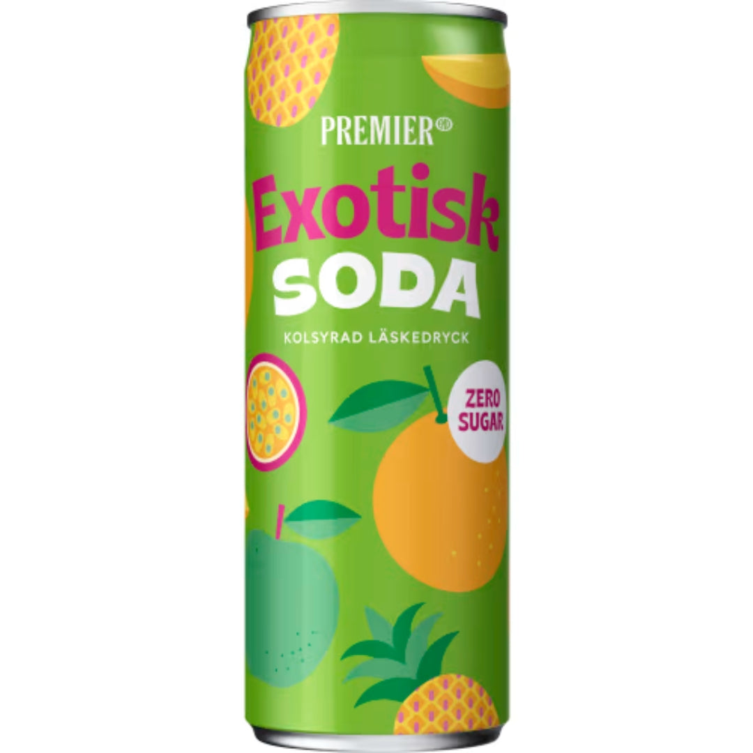 Premier Exotisk Zero Läsk burk - Sugar-Free Carbonated Soft Drink with Exotic Fruit Flavor 33cl
