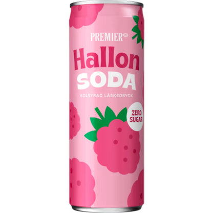 Premier Hallonsoda Zero Läsk burk - Sugar-Free Carbonated Soft Drink with Raspberry Flavor 33cl