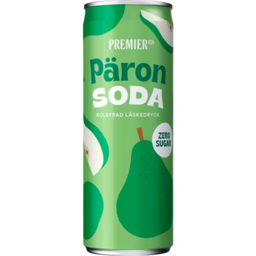 Premier Päronsoda Zero Läsk burk - Sugar-Free Carbonated Soft Drink with Pear Flavor 33cl